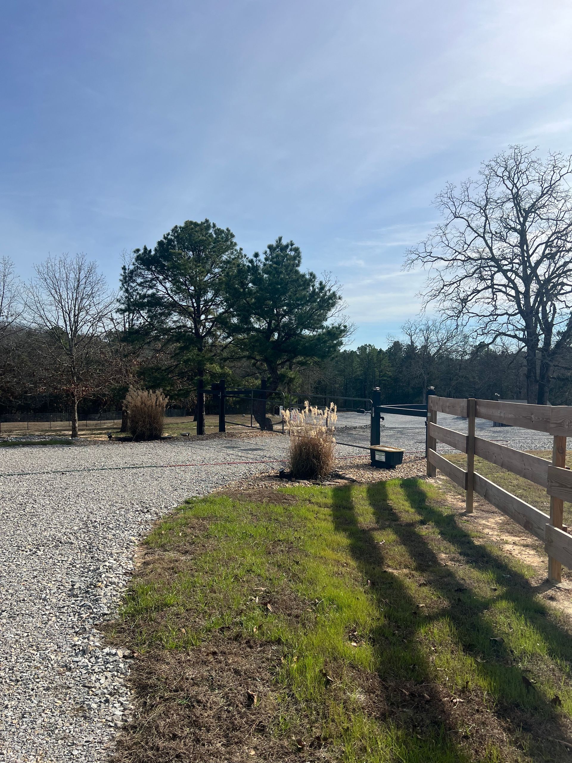 Gravel driveway leads to a gated property with trees and a setting sun.
